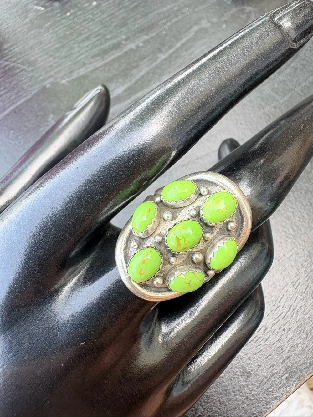 Vintage Sterling Silver Green Turquoise Cluster Ring  - Size 8.25